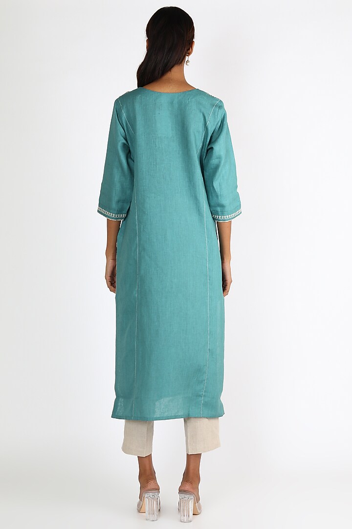 Turquoise Embroidered Tunic by Linen And Linens at Pernia's Pop Up Shop