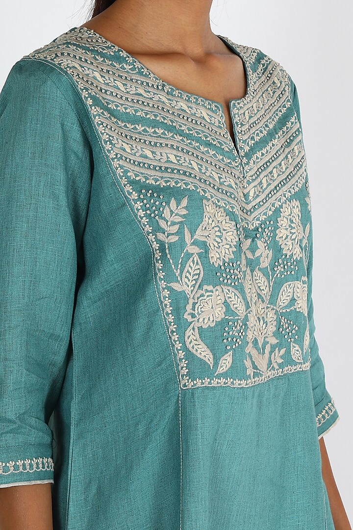 Turquoise Embroidered Tunic by Linen And Linens at Pernia's Pop Up Shop