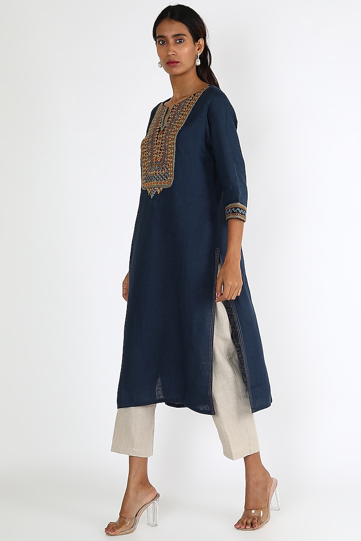 Navy Blue Embroidered Tunic by Linen And Linens