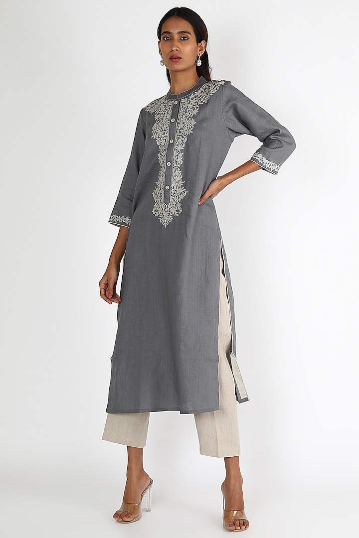 Grey Embroidered Tunic by Linen And Linens