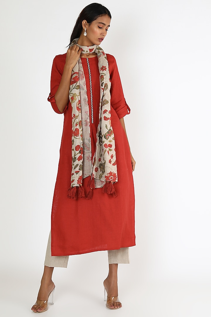 Red Tunic With Printed Scarf by Linen And Linens