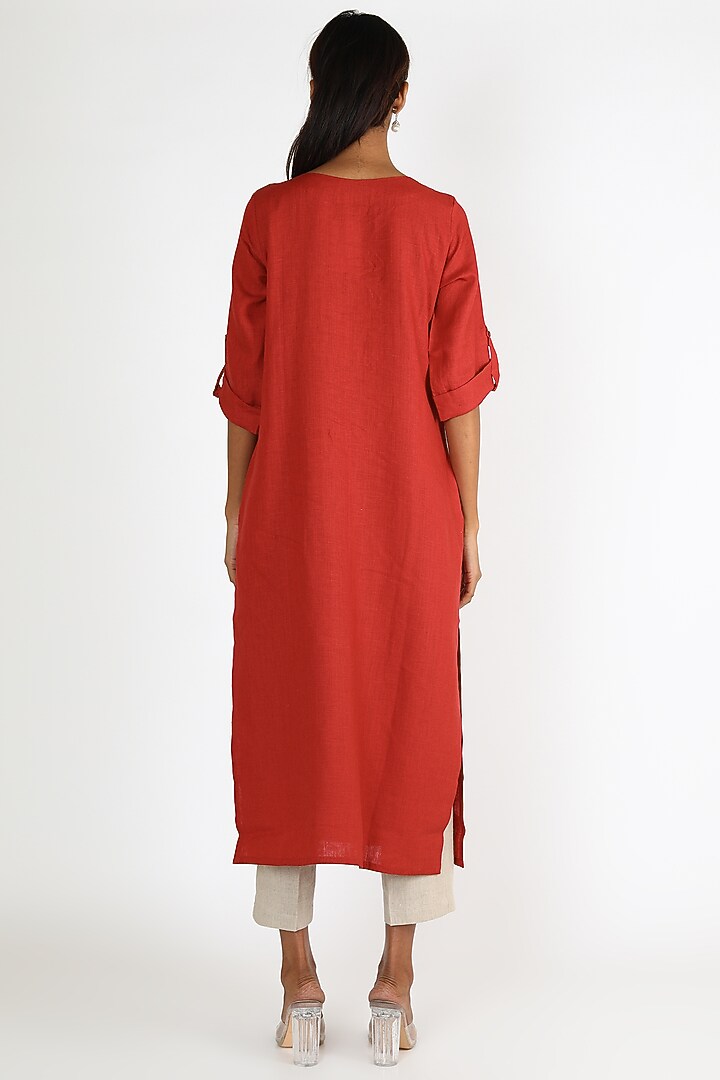 Red Tunic With Printed Scarf by Linen And Linens at Pernia's Pop Up Shop