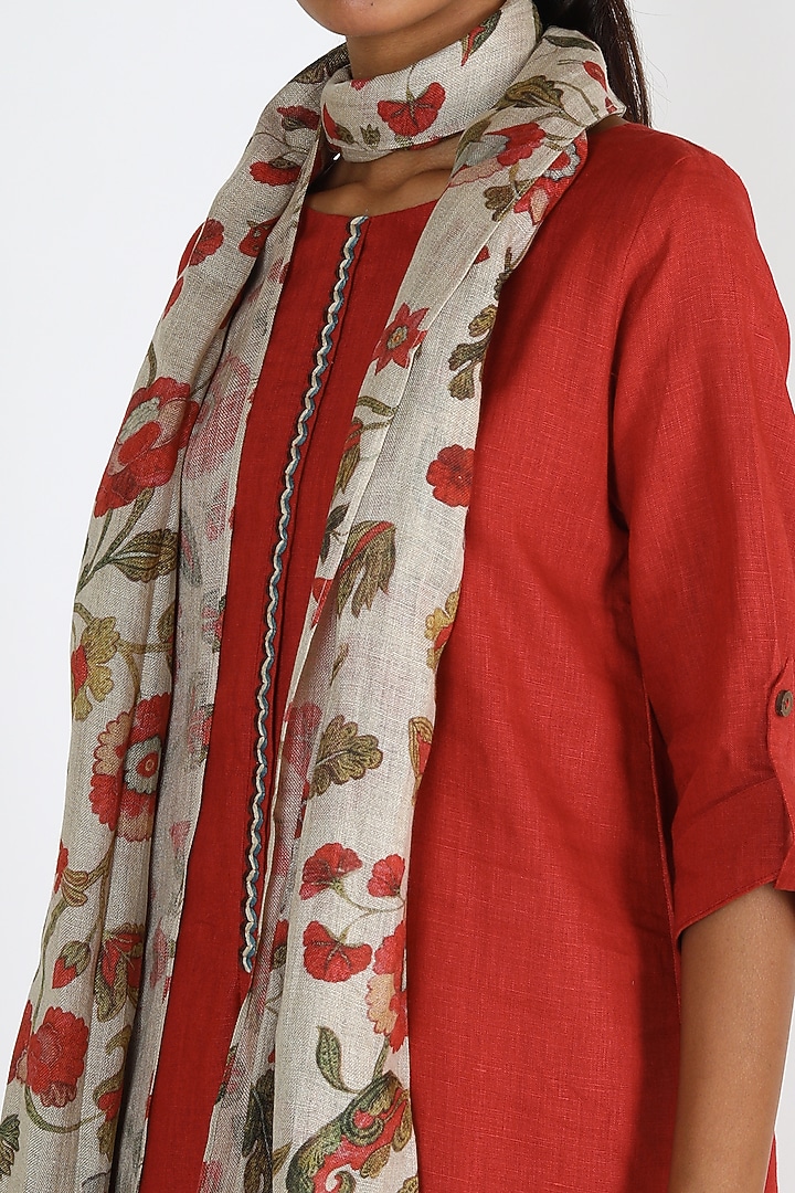 Red Tunic With Printed Scarf by Linen And Linens at Pernia's Pop Up Shop