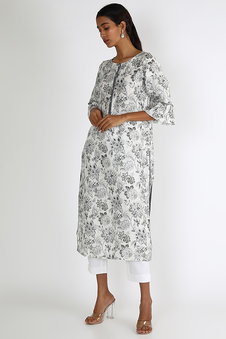 White & Black Printed Tunic by Linen And Linens