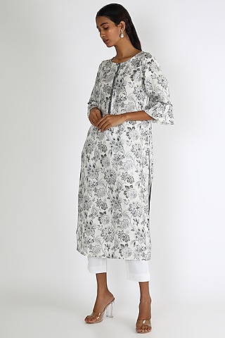 White & Black Printed Tunic by Linen And Linens