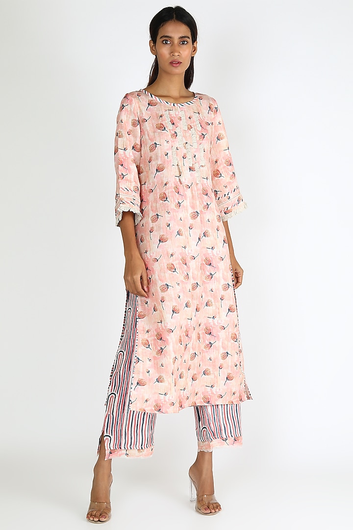Coral Printed Tunic Set by Linen And Linens
