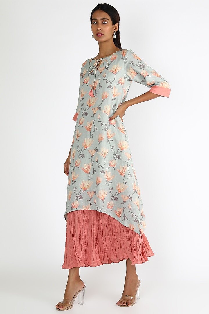 Powder Blue & Pink Printed Double Layered Dress by Linen And Linens