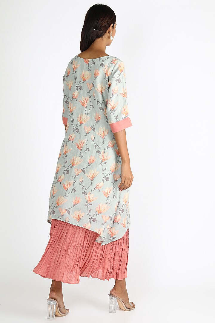 Powder Blue & Pink Printed Double Layered Summer Dress by Linen And Linens at Pernia's Pop Up Shop