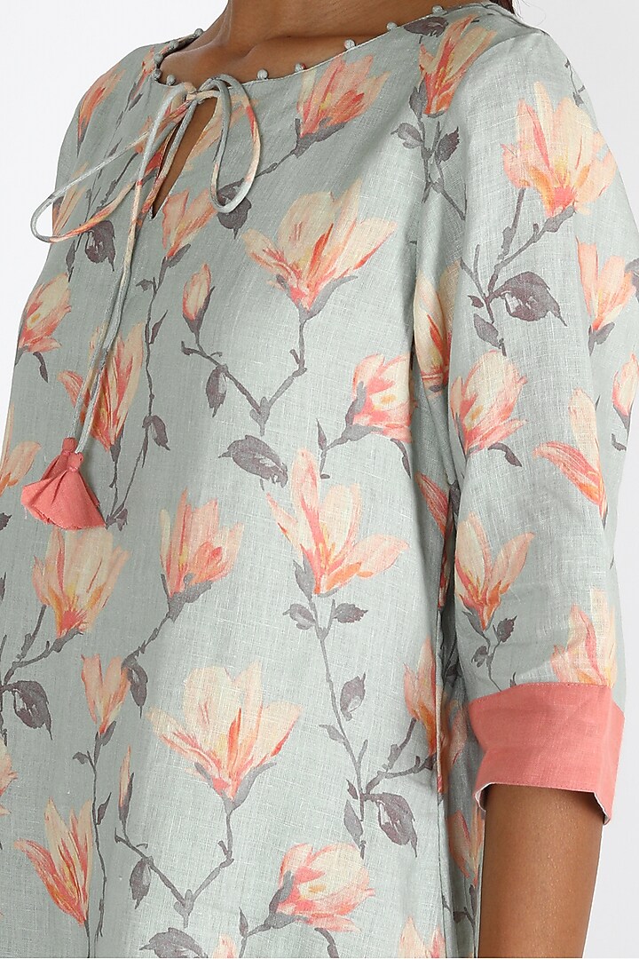 Powder Blue & Pink Printed Double Layered Summer Dress by Linen And Linens at Pernia's Pop Up Shop