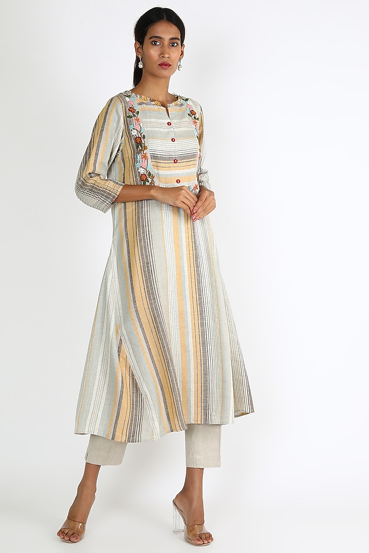 Mustard & Grey Embroidered Dress by Linen And Linens