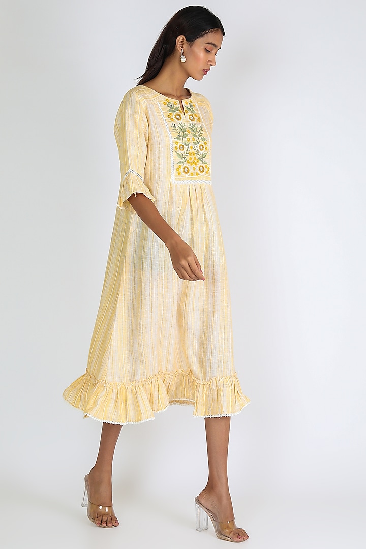 Yellow Embroidered Dress by Linen And Linens