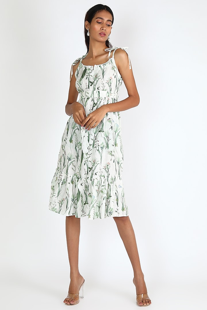 White Printed Tie-Up Dress by Linen And Linens