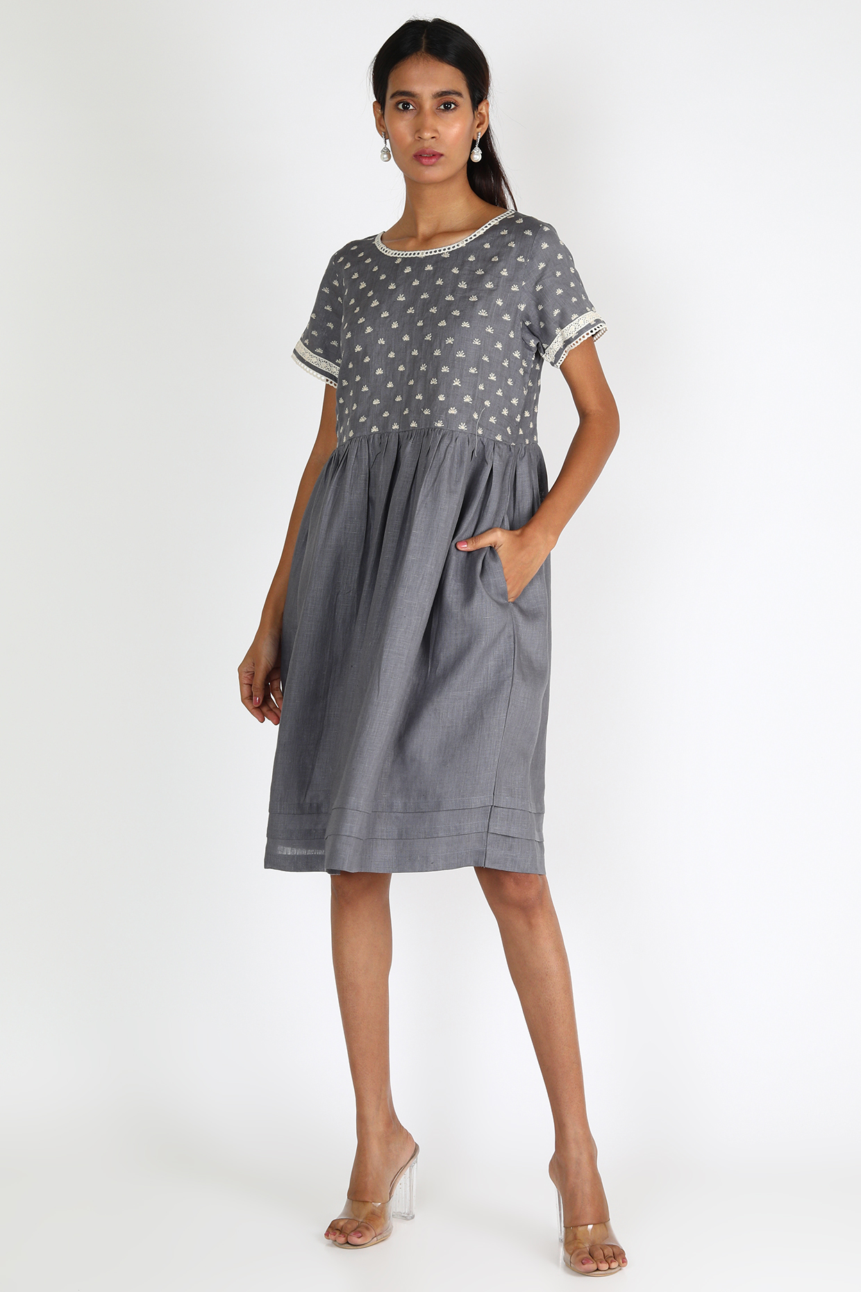 Grey Embroidered Dress by Linen And Linens