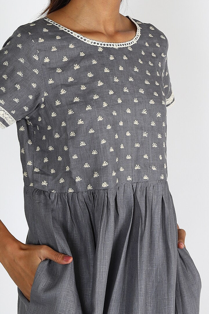 Grey Embroidered Summer Dress by Linen And Linens at Pernia's Pop Up Shop