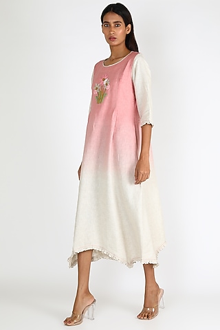 Pink Ombre Embroidered Dress by Linen And Linens