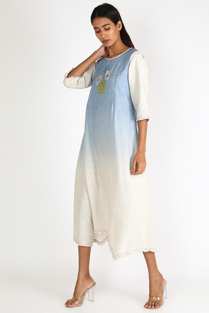 Sky Blue Ombre Embroidered Dress by Linen And Linens