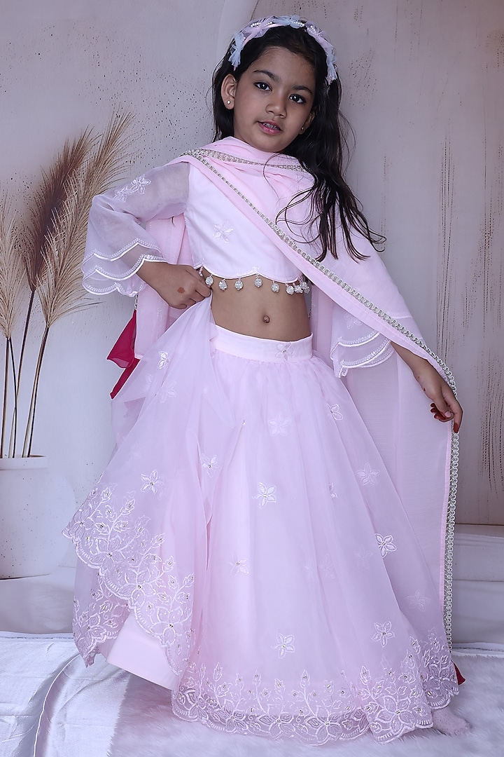 Baby Pink Organza Lehenga Set For Girls by Little Loom at Pernia's Pop Up Shop