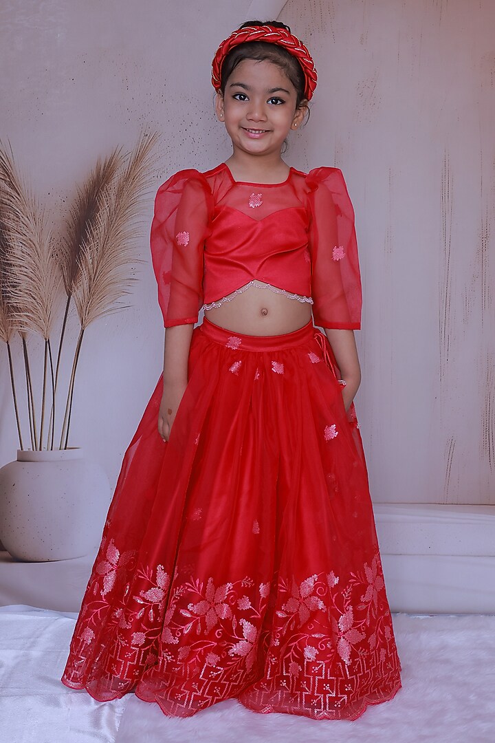 Magenta Pink Organza Woven Lehenga Set For Girls by Little Loom at Pernia's Pop Up Shop