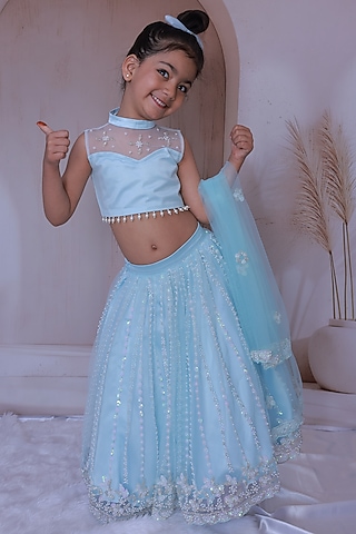 Powder Blue Net Hand Embroidered Lehenga Set For Girls by Little Loom