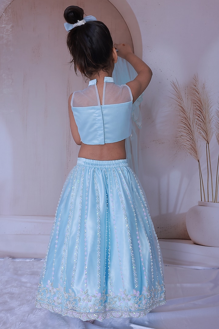 Powder Blue Net Hand Embroidered Lehenga Set For Girls by Little Loom at Pernia's Pop Up Shop