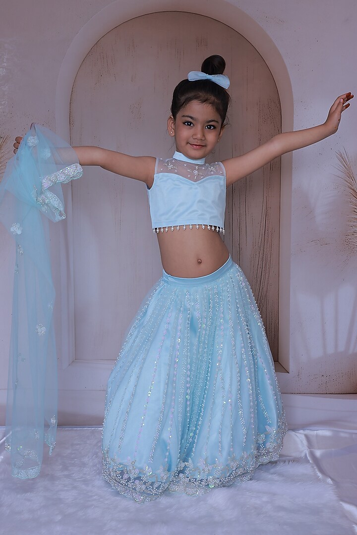Powder Blue Net Hand Embroidered Lehenga Set For Girls by Little Loom at Pernia's Pop Up Shop