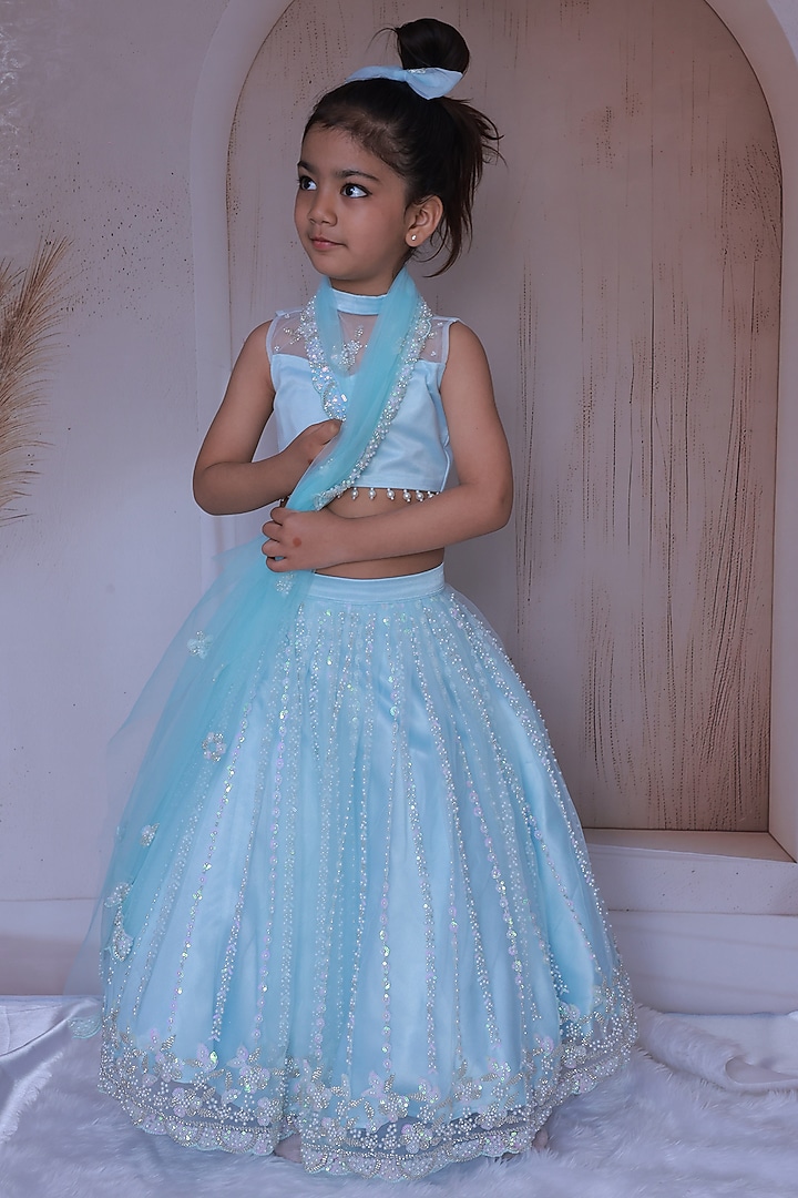 Powder Blue Net Hand Embroidered Lehenga Set For Girls by Little Loom at Pernia's Pop Up Shop