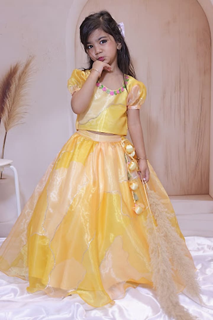 Yellow Organza Gota Lehenga Set For Girls by Little Loom at Pernia's Pop Up Shop