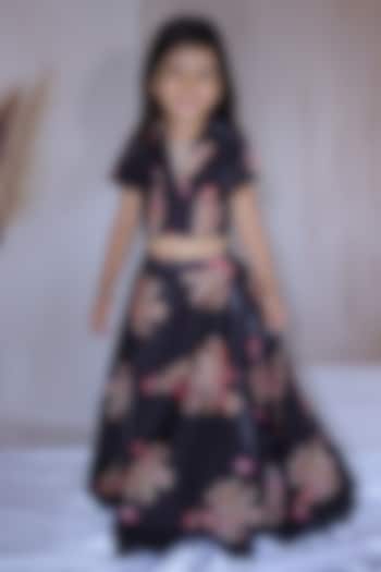 Black & Peach Net Printed Lehenga Set For Girls by Little Loom at Pernia's Pop Up Shop