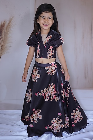 Black & Peach Net Printed Lehenga Set For Girls by Little Loom