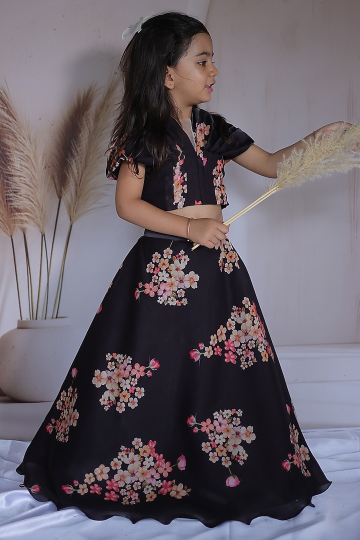 Black & Peach Net Printed Lehenga Set For Girls by Little Loom at Pernia's Pop Up Shop