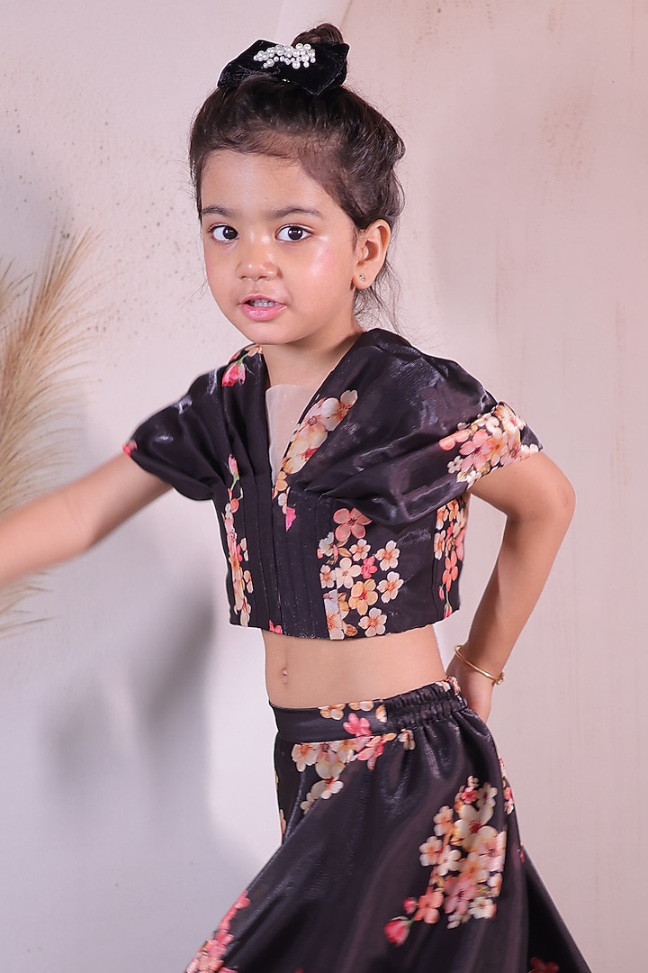 Black & Peach Net Printed Lehenga Set For Girls by Little Loom at Pernia's Pop Up Shop