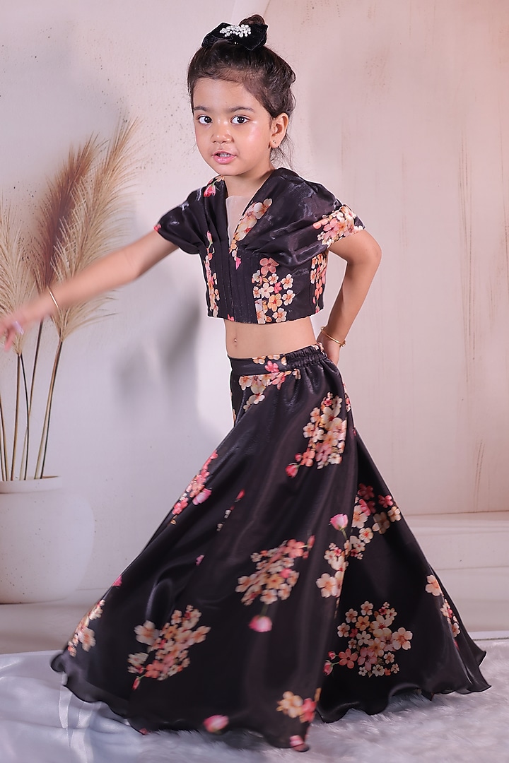 Black & Peach Net Printed Lehenga Set For Girls by Little Loom at Pernia's Pop Up Shop