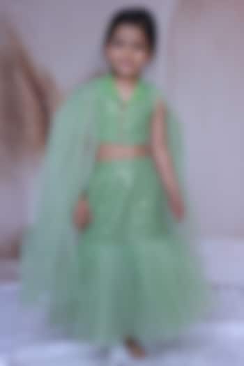 Mint Green Net Mirror Work Lehenga Set For Girls by Little Loom at Pernia's Pop Up Shop