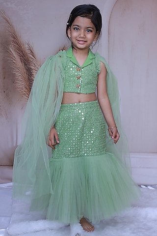 Mint Green Net Mirror Work Lehenga Set For Girls by Little Loom