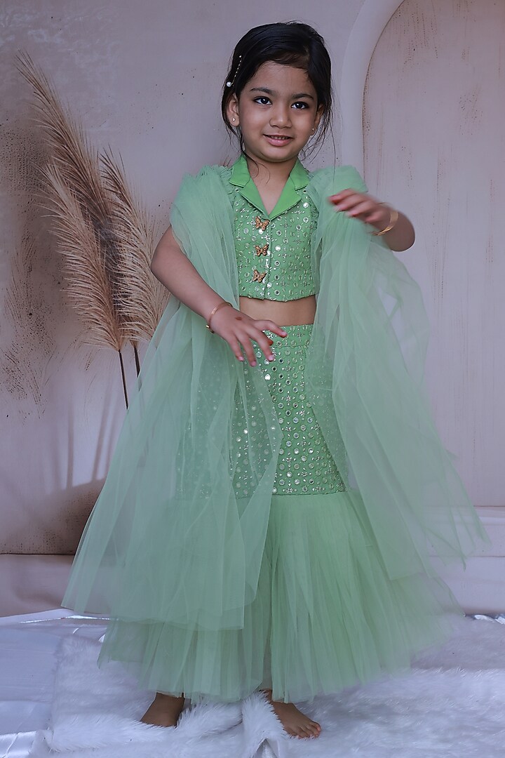 Mint Green Net Mirror Work Lehenga Set For Girls by Little Loom at Pernia's Pop Up Shop