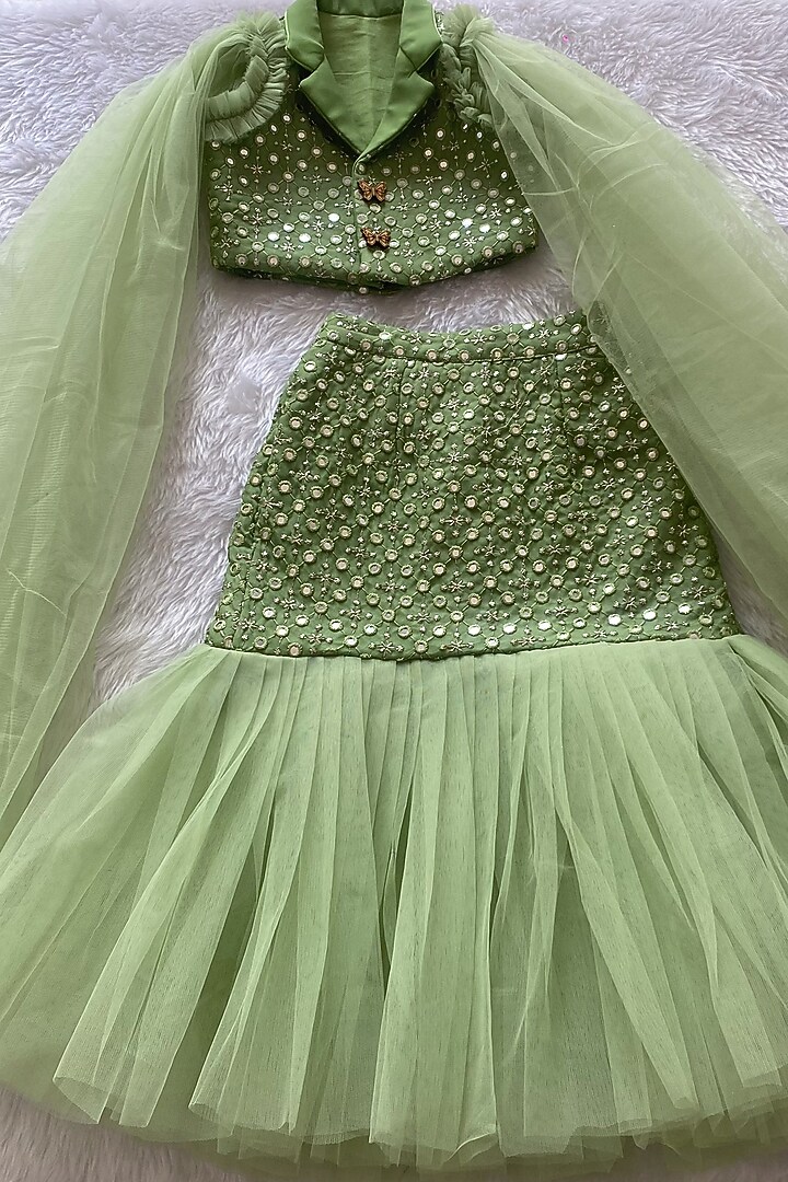 Mint Green Net Mirror Work Lehenga Set For Girls by Little Loom at Pernia's Pop Up Shop