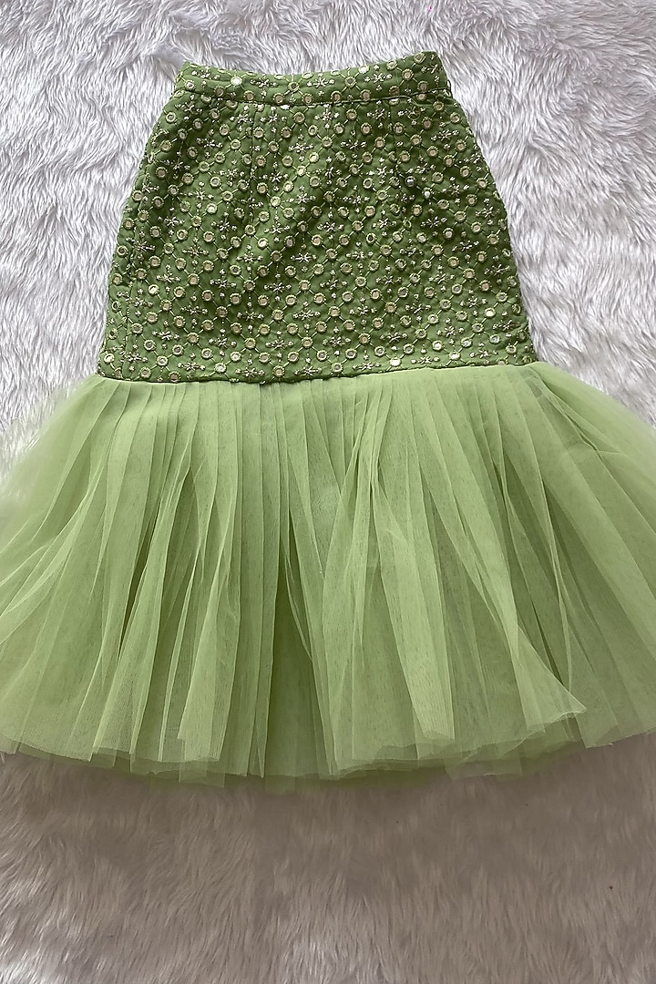 Mint Green Net Mirror Work Lehenga Set For Girls by Little Loom at Pernia's Pop Up Shop