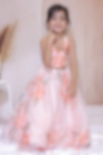 Light peach Fine Organza Embroidered & Printed Lehenga Set For Girls by Little Loom at Pernia's Pop Up Shop
