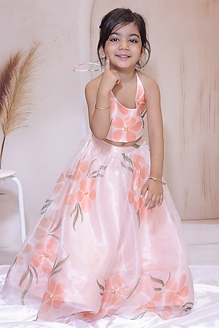 Light peach Fine Organza Embroidered & Printed Lehenga Set For Girls by Little Loom