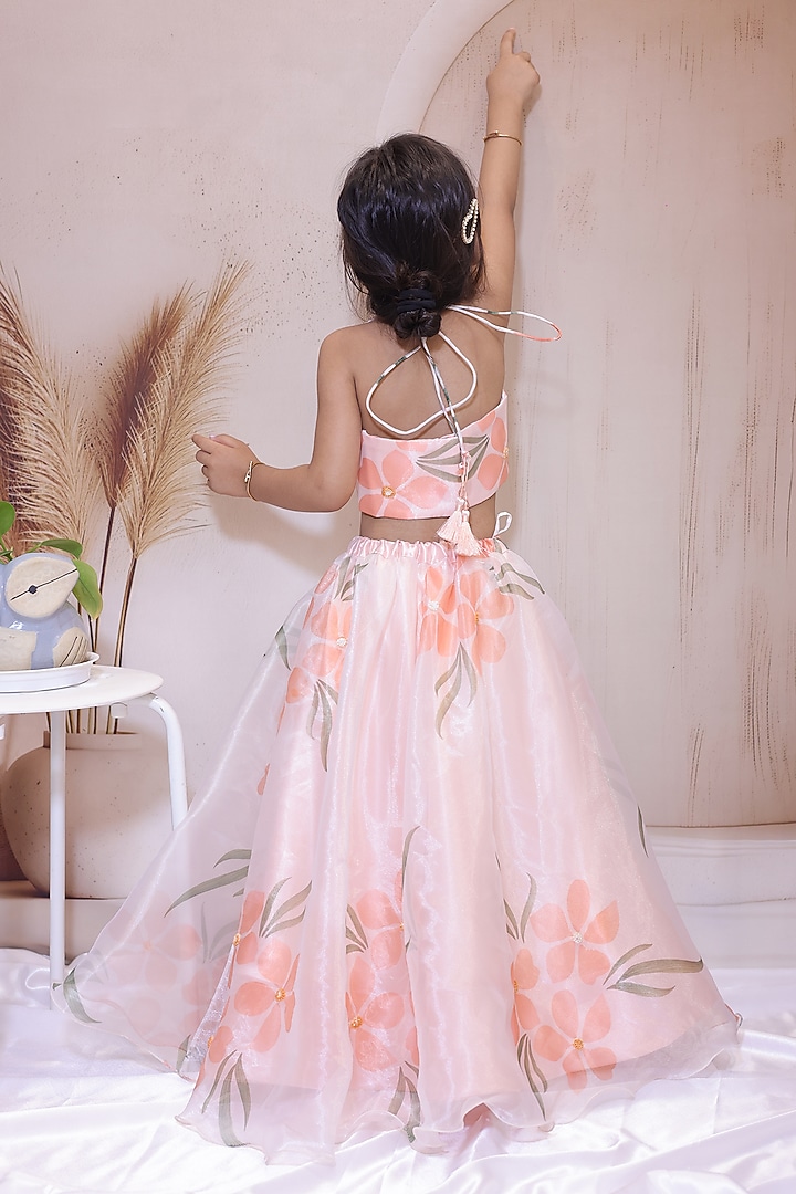Light peach Fine Organza Embroidered & Printed Lehenga Set For Girls by Little Loom at Pernia's Pop Up Shop