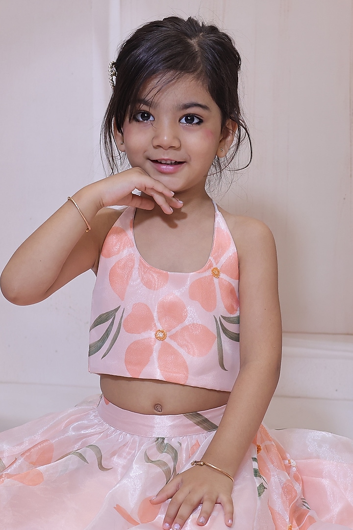 Light peach Fine Organza Embroidered & Printed Lehenga Set For Girls by Little Loom at Pernia's Pop Up Shop