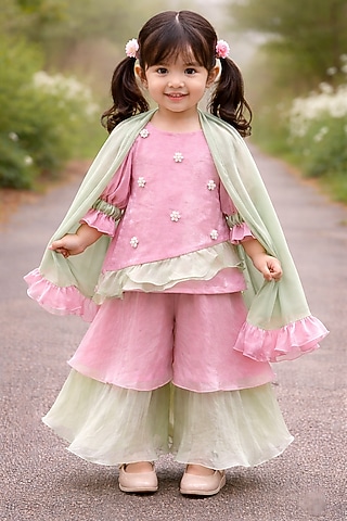 Blush Pink & Mint Green Space Silk Sharara Set For Girls by Little Loom