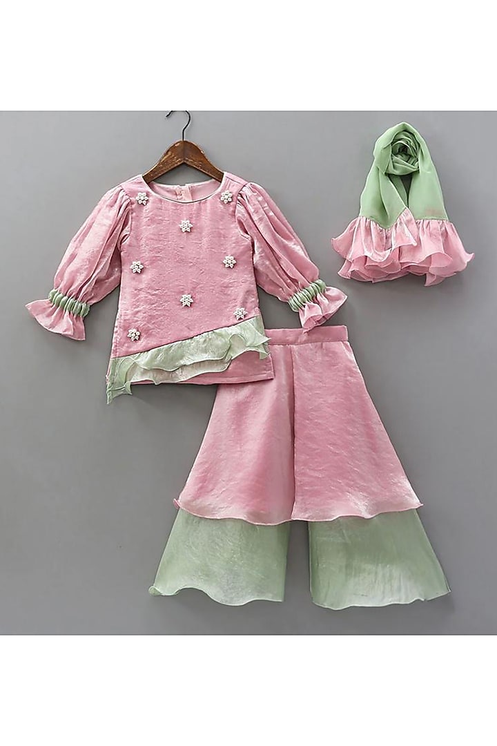 Blush Pink & Mint Green Space Silk Sharara Set For Girls by Little Loom at Pernia's Pop Up Shop