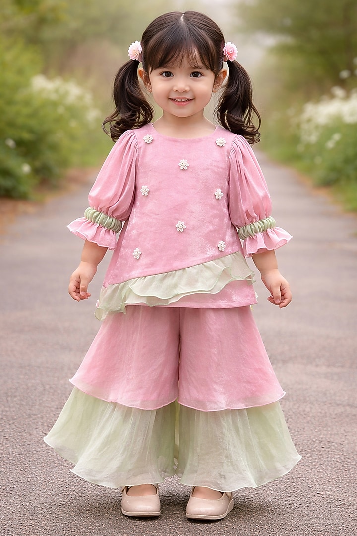 Blush Pink & Mint Green Space Silk Sharara Set For Girls by Little Loom at Pernia's Pop Up Shop