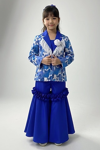 Blue Satin Silk & Silk Sharara Set For Girls by Little Loom