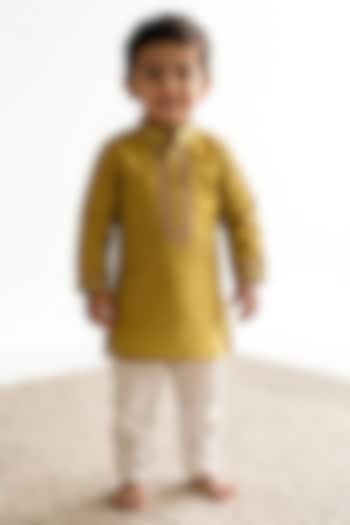 Parrot Green Chanderi Silk Kurta Set For Boys by Little Loom at Pernia's Pop Up Shop