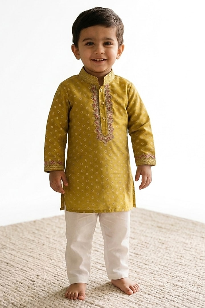 Parrot Green Chanderi Silk Kurta Set For Boys by Little Loom at Pernia's Pop Up Shop