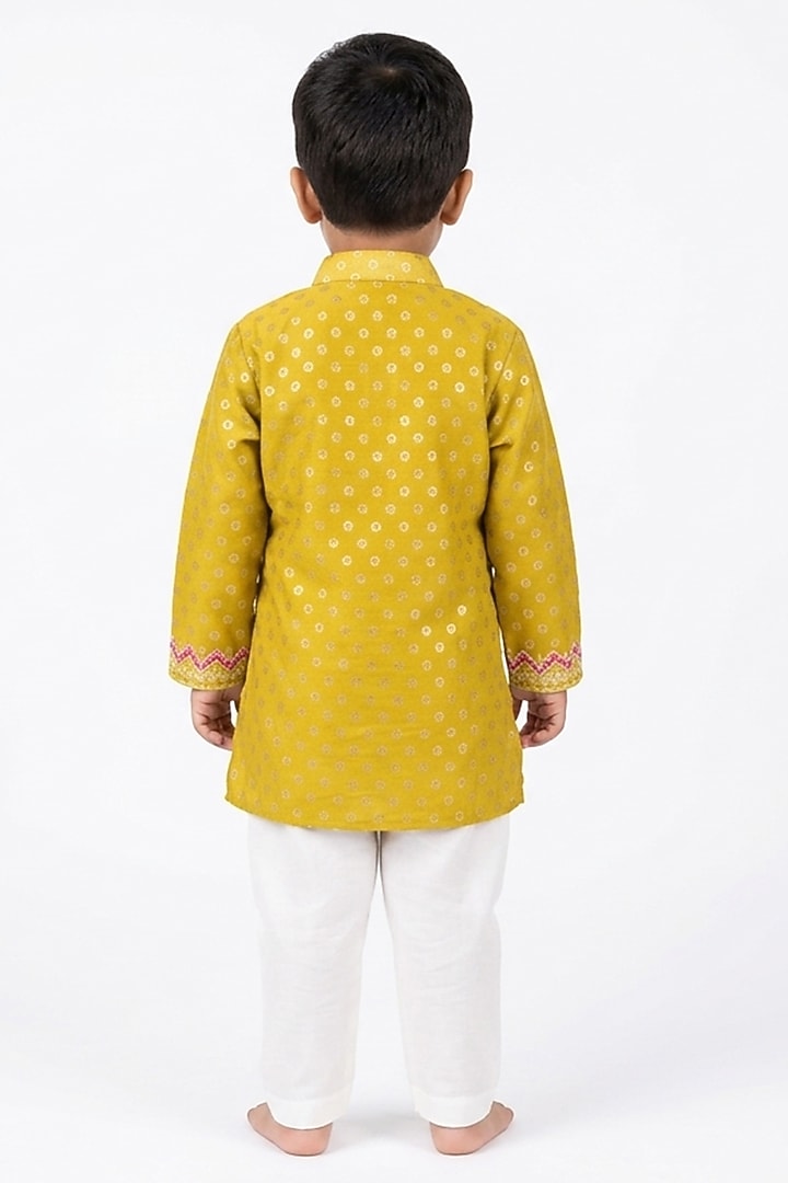 Parrot Green Chanderi Silk Kurta Set For Boys by Little Loom at Pernia's Pop Up Shop
