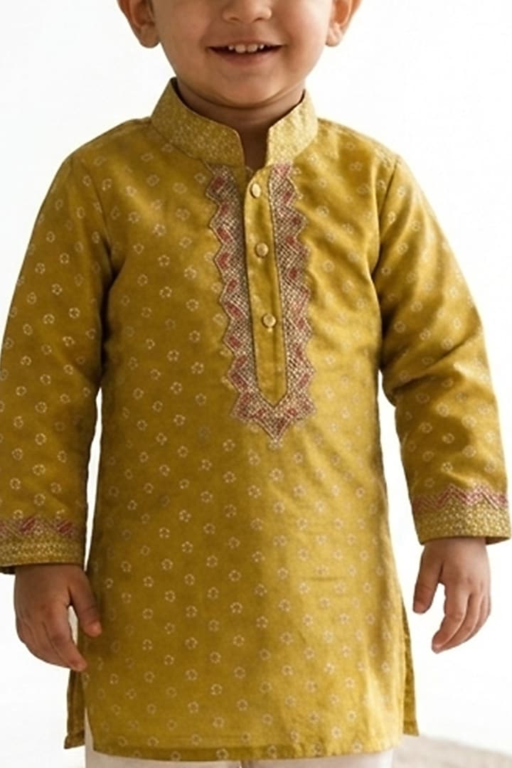 Parrot Green Chanderi Silk Kurta Set For Boys by Little Loom at Pernia's Pop Up Shop