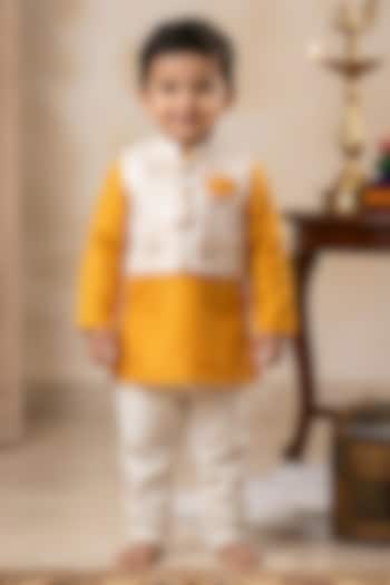 Off-White Banarasi Brocade Nehru Jacket Set For Boys by Little Loom at Pernia's Pop Up Shop